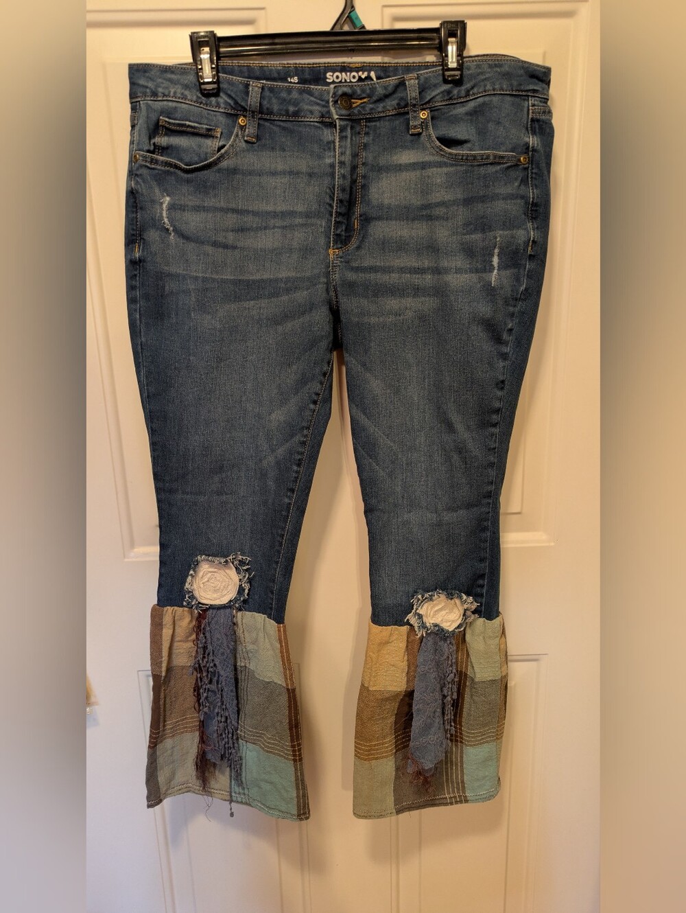 Upcycled Sonoma Blue Distressed Cropped Jeans with Plaid Ruffle Hem